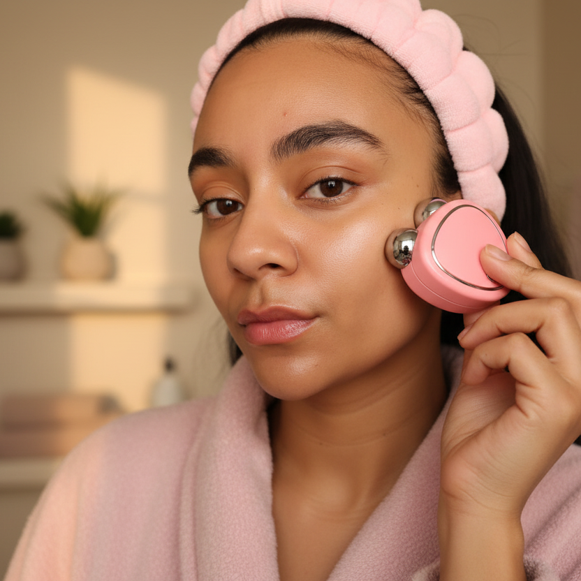 Mujer en rutina de cuidado facial con roller rosado