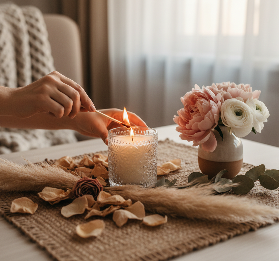 Mujer encendiendo vela con flores